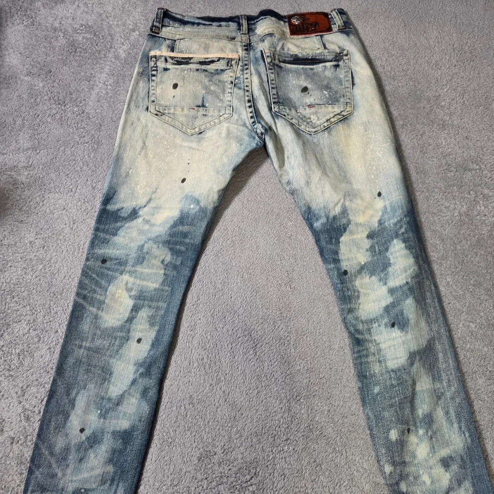Heritage America Mens 38x34 Slim Jeans Blue Acid Wash Paint Splatter Distressed